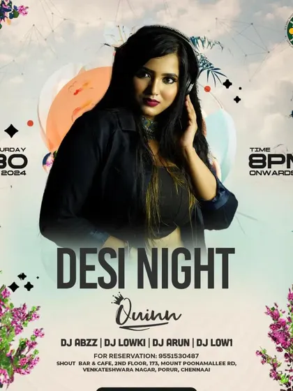 The official poster for a "Desi Night" I headlined at Shout Bar & Cafe in Chennai.