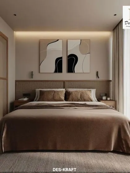 This warm minimalist bedroom uses a monochromatic brown color palette and soft, indirect lighting to create an incredibly cozy and inviting atmosphere.