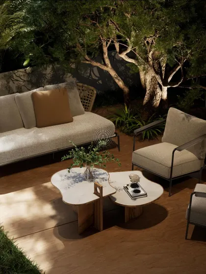 This render shows the outdoor deck connected to the den, designed as a tranquil escape with comfortable lounge furniture and soft landscape lighting.