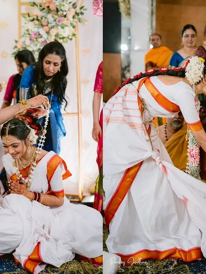 A diptych showing the 'Kanyadaanam' and the tying of the 'Mangalsutram' in a Telugu wedding.