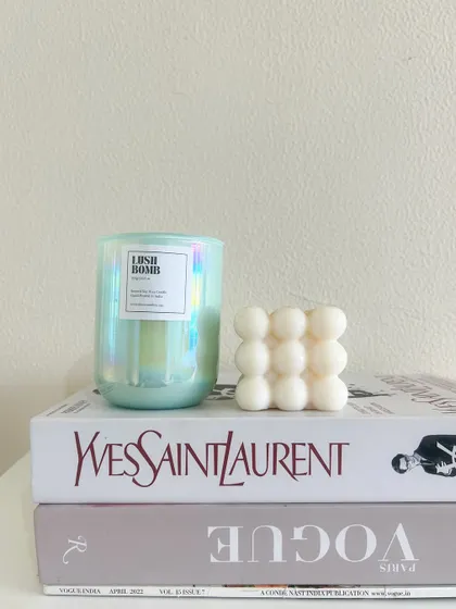 Our 'Lush Bomb' holographic jar paired with a mini bubble candle. A perfect aesthetic combination.