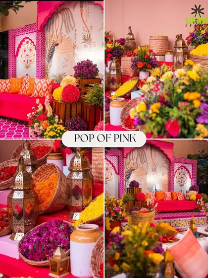 A "Pop of Pink" Haldi mood board. This theme is bold and festive, with bright pink as the star, complemented by a rainbow of other vibrant colors in the flowers and decor.