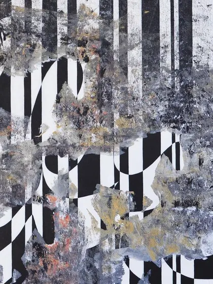 A full view of the "Monochrome Horse" painting. The artwork combines abstract textures with the fragmented, geometric shapes of a horse, creating a piece that is both chaotic and controlled.