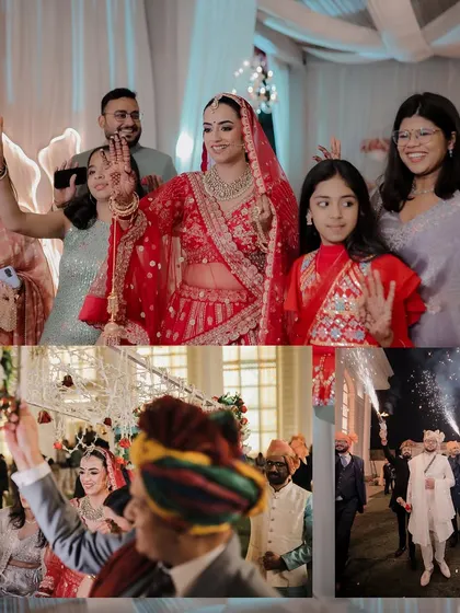 A wedding is a celebration with everyone you love. This collage captures the bride's entry with her family and the groom's procession, showcasing the joy and involvement of their loved ones.