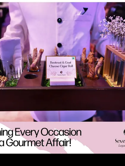 "Turning Every Occasion Into a Gourmet Affair!" This graphic features our Beetroot & Goat Cheese Cigar Rolls, a sophisticated and visually striking canapé that exemplifies our creative approach.