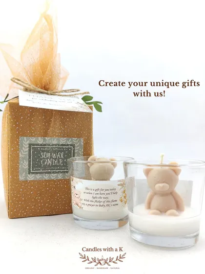 A promotional shot of my teddy bear votive jar candles, highlighting the option to create unique, custom gifts.