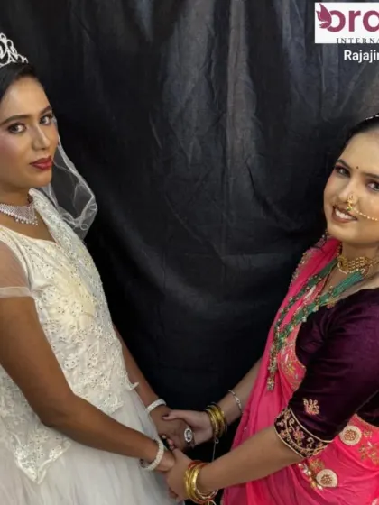 We teach a diverse range of bridal styles, as shown here with a Christian bride and a Rajasthani bride side-by-side.