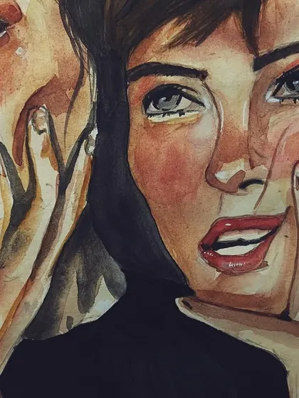 A close-up of the 'trio' sketch, this time with watercolor added to bring warmth and life to the faces.