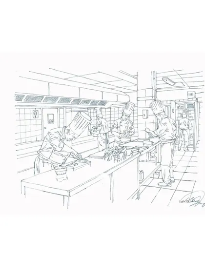 A sketch illustrating the workflow in our professional kitchen. It represents the organized, efficient, and hygienic environment our chefs work in to prepare every dish to the highest standard, a principle that guides all our operations.