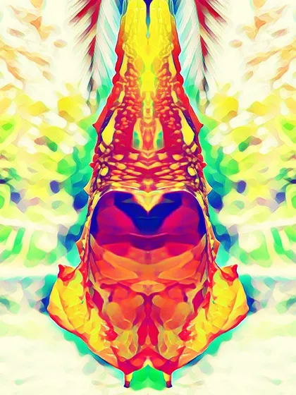 'Hanging'. A vibrant and symmetrical digital creation. The intense colors and intricate patterns give this abstract piece an almost totemic quality.