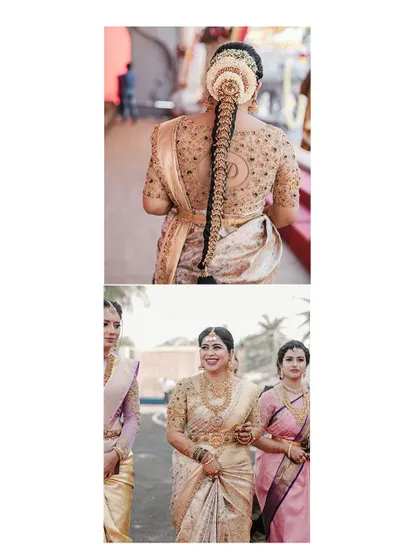 A collage showing the beautiful back view of the bride's blouse embroidery and her walking with her bridesmaids.