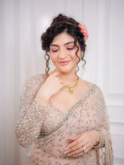 Another beautiful shot of this Bridgerton-inspired look, highlighting the flawless skin and soft, romantic makeup.