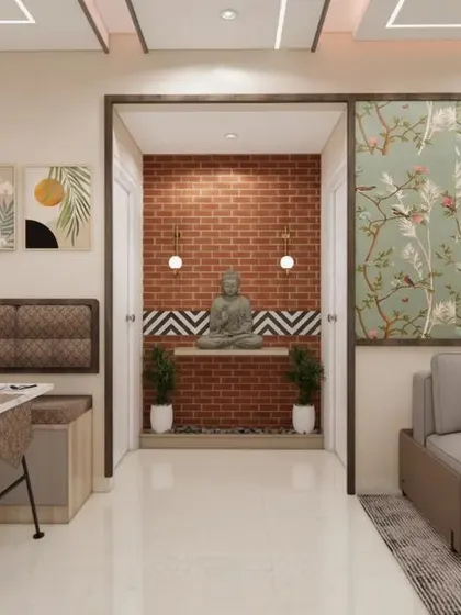 A full view of the living and dining area from our 3D concept. The design incorporates a serene Buddha statue niche, creating a peaceful transition between the two spaces.