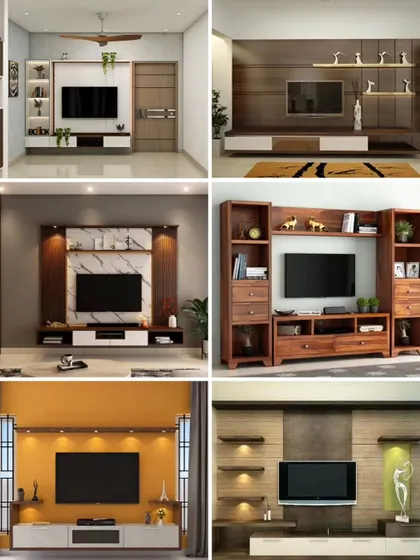 A collection of our TV unit projects, demonstrating our versatility in using different materials like wood, marble, and laminates to create custom entertainment spaces for our clients.