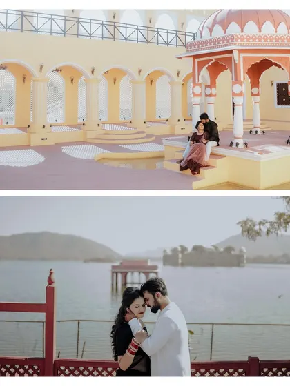 This composite showcases two iconic Jaipur pre-wedding locations: a colorful heritage structure and a serene view of the Jal Mahal water palace.