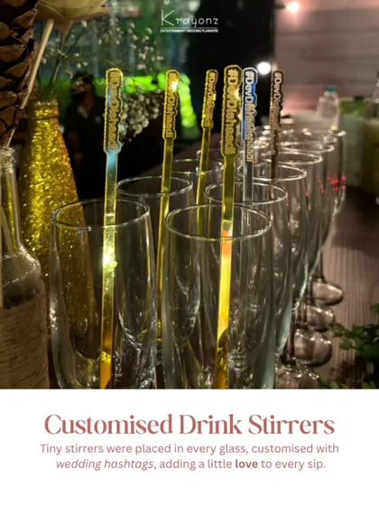 Customised drink stirrers with the wedding hashtag add a small but significant touch of personalization to every sip.