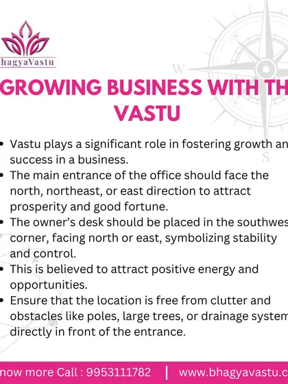 Growing your business with Vastu involves key principles. This tip sheet highlights the importance of a North-facing entrance, placing the owner's desk in the South-West for control, and keeping the entrance free from obstacles to attract opportunities.