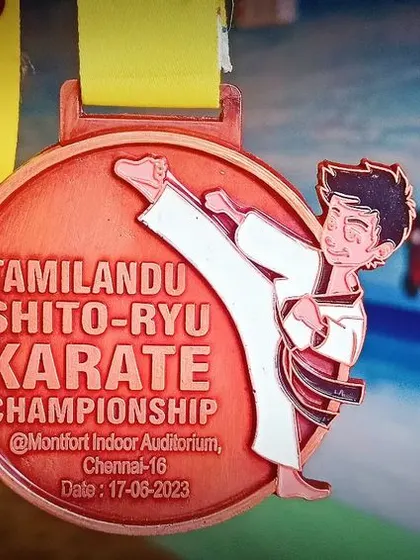 A close-up of the bronze medal from the Tamilnadu Shito-Ryu Karate Championship. A symbol of hard work and perseverance.