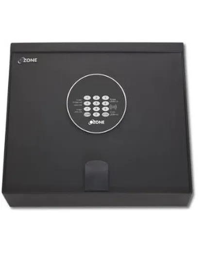 Another product shot of the 10-litre cabinet safe, providing a clear view of its sleek, black exterior and central digital locking interface.