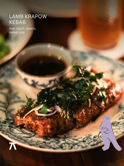 The Lamb Krapow Kebab from the Grumps, Goa pop-up, featuring Thai basil, beans, and a sweet soy glaze.