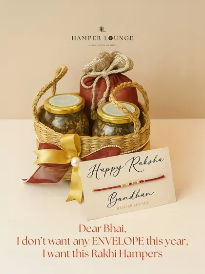 A hint for all the sisters out there. This Rakhi, instead of an envelope, ask for this beautiful jute basket hamper filled with crunchy snacks and a "Happy Raksha Bandhan" card. It's eco-chic and full of treats.