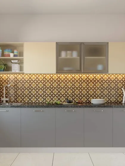The sink and prep area of the same kitchen project. I use a combination of open shelves and frosted glass cabinets to add visual interest and accessibility.