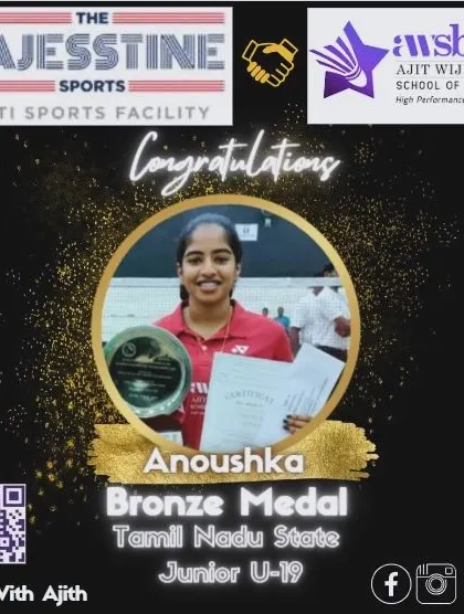We celebrate Anoushka's Bronze Medal win in the Tamil Nadu state junior U-19 badminton tournament. A fantastic achievement reflecting her hard work.