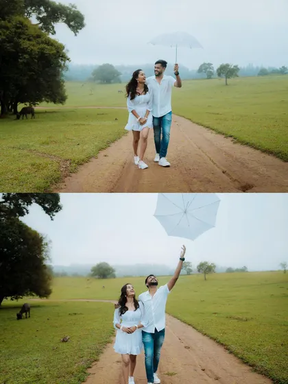 A playful moment during a rainy day shoot. We embrace the weather, using props like umbrellas to add a fun and spontaneous element to the pre-wedding photos.