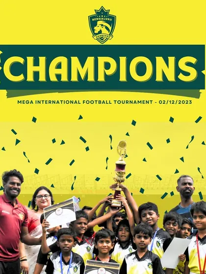 The moment of pure joy. Our team lifts the championship trophy at the Mega International Football Tournament, a reward for their dedication and teamwork.