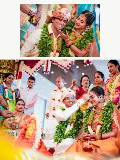 The groom applies the tilak to the bride's forehead, a significant moment in the wedding ceremony. We capture these details with a focus on the expressions and the importance of the ritual.