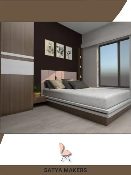 Another bedroom concept with a dark accent wall and wood-toned furniture.
