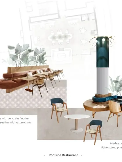 A concept board for a poolside restaurant, showing the proposed layout, furniture styles, and material palette.