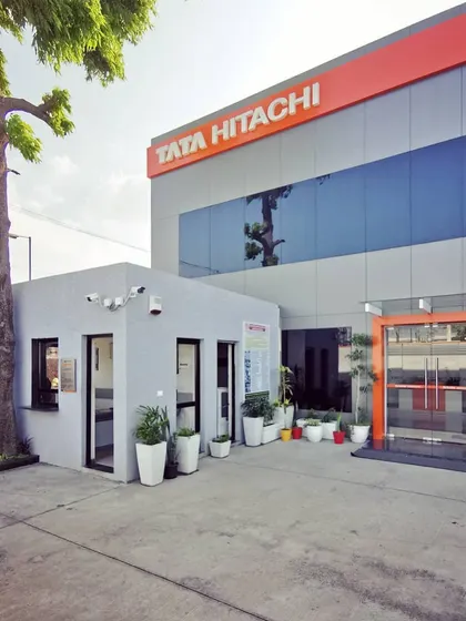 The main entrance and security cabin of the Tata Hitachi facility. We designed the entry sequence to be clear and professional, integrating landscaping and architecture to create a welcoming first impression.