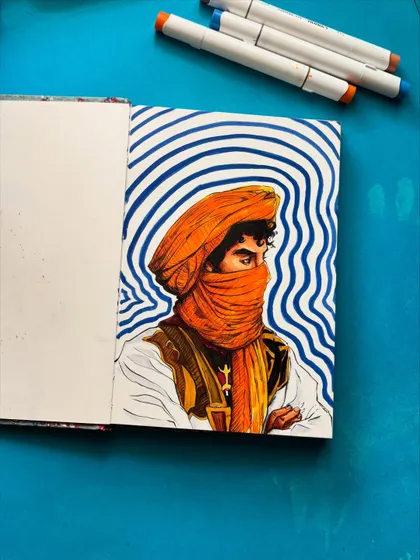 Another angle of the finished turban portrait. The thick paper holds the alcohol marker ink well, allowing for smooth blending and sharp lines without bleeding.