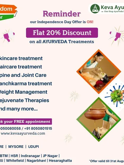 This is a reminder for our Independence Day Offer, featuring a flat 20% discount on all our Ayurveda treatments. The offer covers skincare, haircare, Panchakarma, weight management, and more.
