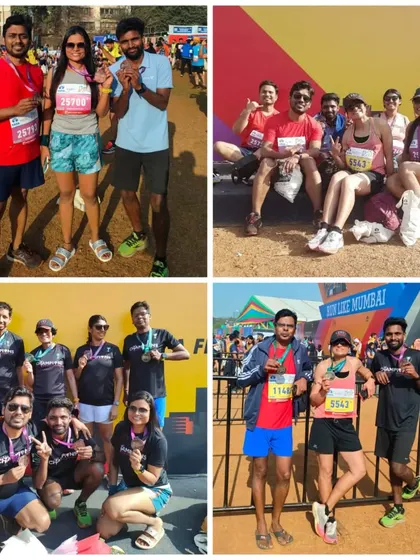 A collage of our team at the Tata Mumbai Marathon. These pictures capture the essence of race day, from the finish line to the group photos.