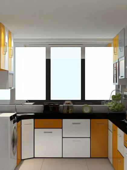 A bright and cheerful kitchen render with yellow and white cabinets.