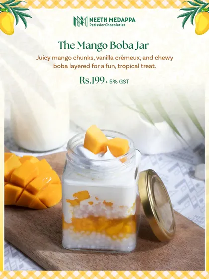 For a fun and unique treat, I created the Mango Boba Jar. It has juicy mango chunks, vanilla crèmeux, and chewy boba layered together for a playful dessert experience.
