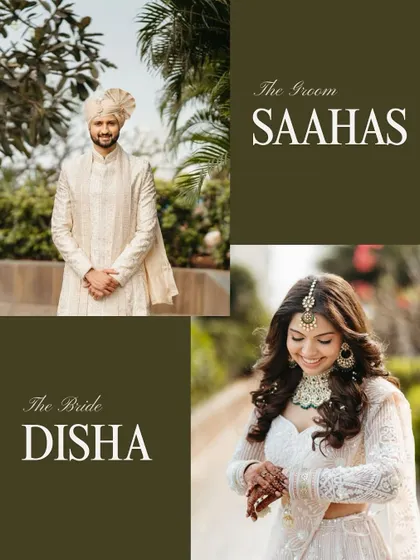A stylish collage introducing "The Bride DISHA" and "The Groom SAAHAS," showcasing their individual portraits from their beautiful Gujarati-Maharashtrian wedding.