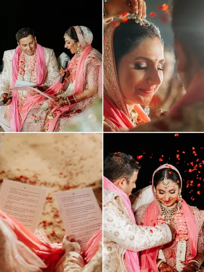 A collage capturing the emotional moment the couple reads their personal vows to each other, a modern and heartfelt addition to their wedding ceremony.