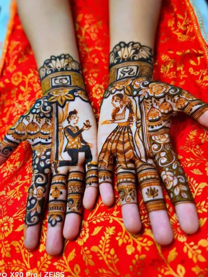 This engagement mehandi tells a story, with the groom offering a ring to his bride. These narrative designs are a wonderful way to capture a special moment.