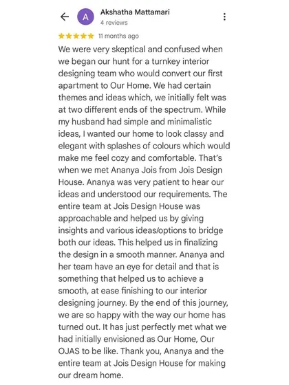 A wonderful review from my 'Bohemian Bliss' clients. I was patient in understanding their vision, and my team's eye for detail helped bring it to life smoothly.
