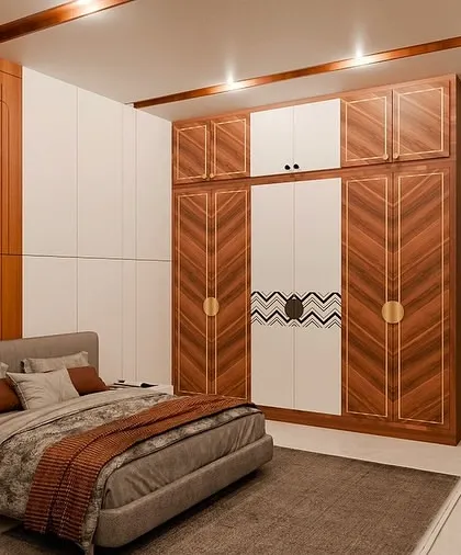 A full view of the bedroom, showcasing the chevron-patterned wardrobe and the comfortable, layered bedding. The design is all about balancing earthy textures with contemporary style.