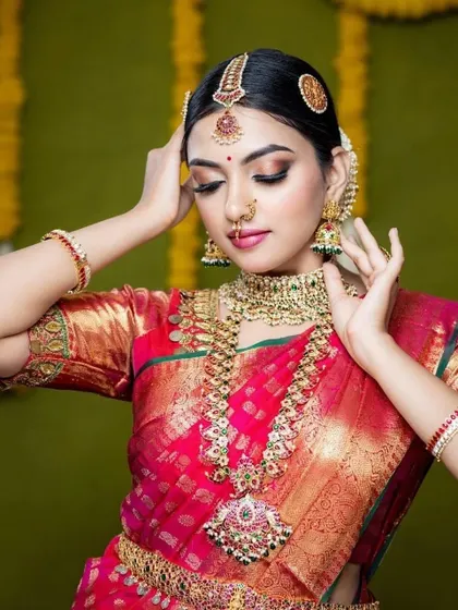A beautiful portrait capturing the elegance of the jewellery and the bride's serene expression.