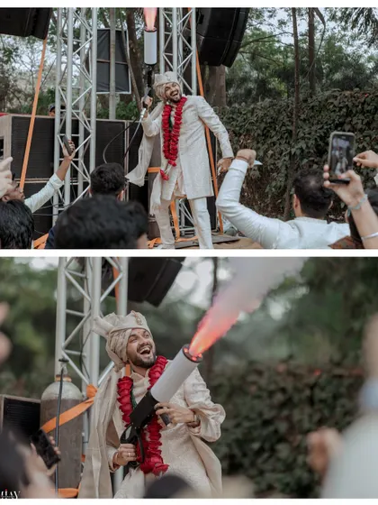 The groom makes a high-energy entrance at his Baraat, celebrating with friends and a smoke gun.