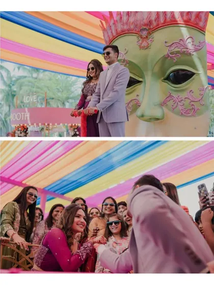Two frames from the carnival party. The top shows the couple posing against the colourful decor, while the bottom captures a fun, interactive moment with their guests.