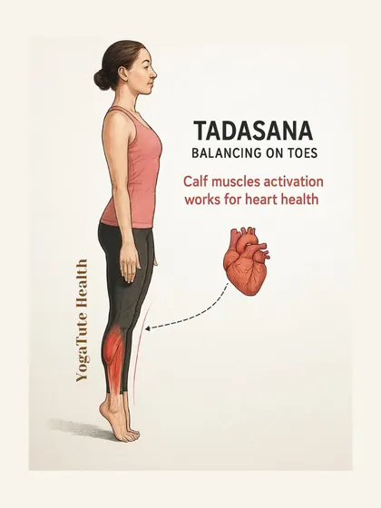 This diagram shows how Tadasana on the toes activates the calf muscles, which in turn supports heart health. Understanding the biomechanics of each asana is fundamental to our teaching.