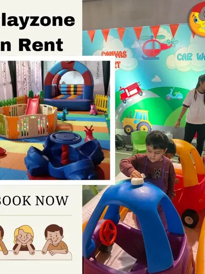 Playzone on rent. This graphic features an indoor setup with a bouncy castle and a ball pit, alongside a fun, interactive car wash station, perfect for a themed birthday party.