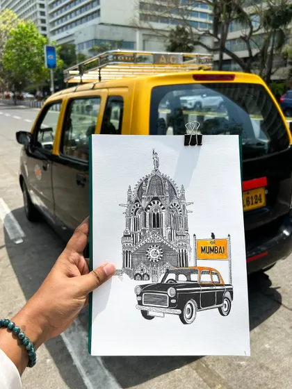 Holding up the finished Mumbai doodle in front of a real Kaali Peeli taxi. This piece combines two of the city's most recognizable icons into a single artwork.