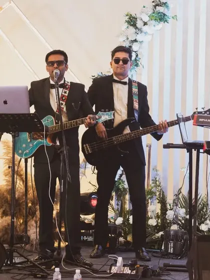 The full lineup, ready to bring the house down at a wedding reception. We coordinate our look and our sound to match the elegance and energy of your event.